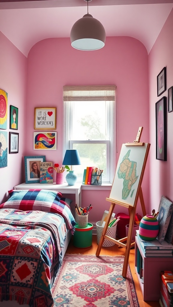 Cozy bedroom nook featuring an organized art station with supplies, colorful decorations, and a bed