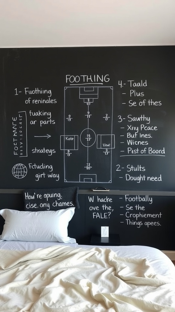 Chalkboard wall with football strategies and notes in a bedroom setting.