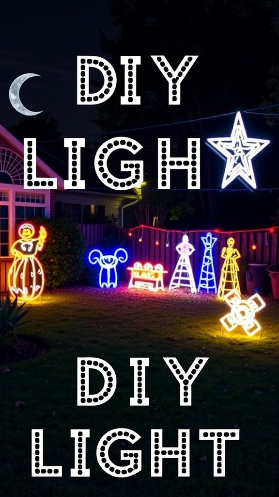 Colorful DIY light display in a yard with festive shapes.