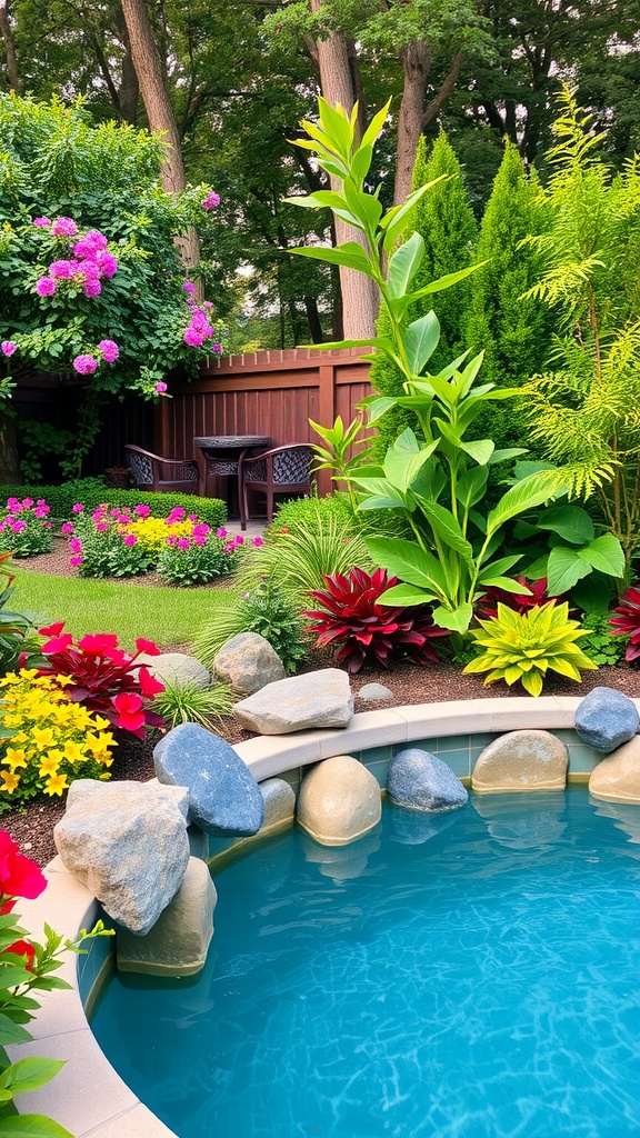 A landscaped pool area featuring colorful flowers, stones, and seating.