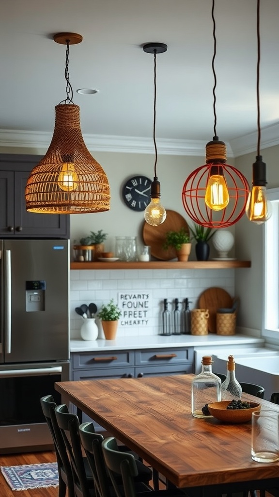 A boho kitchen featuring various creative lighting fixtures including a woven pendant and colorful globe lights.