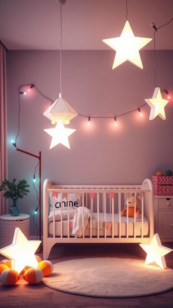 A cozy nursery with star-shaped lights, a crib, and colorful decorations.