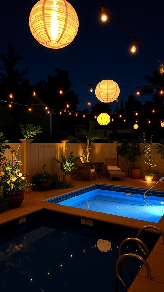 A small pool deck with lanterns and string lights illuminating the area at night.