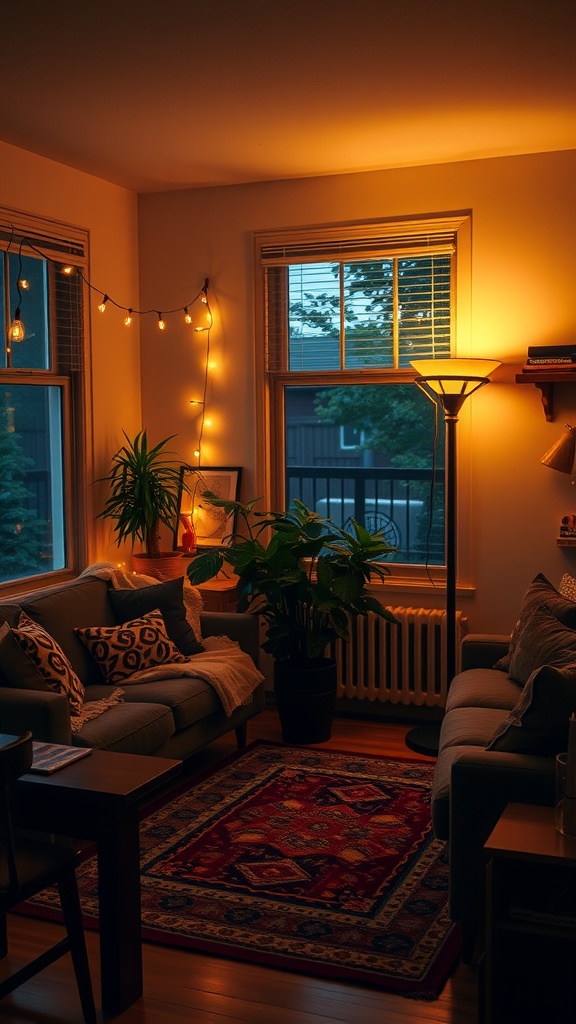 A cozy college living room with string lights and a standing lamp, plants, and warm colors.