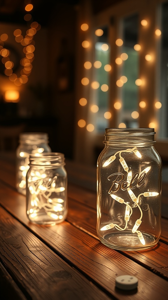 Mason jars filled with string lights on a wooden table, creating a warm, cozy atmosphere.