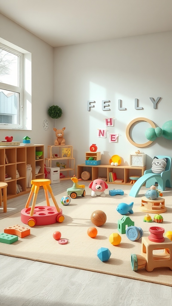 Colorful gender-neutral kids nursery with toys scattered around, including blocks, animals, and a slide.