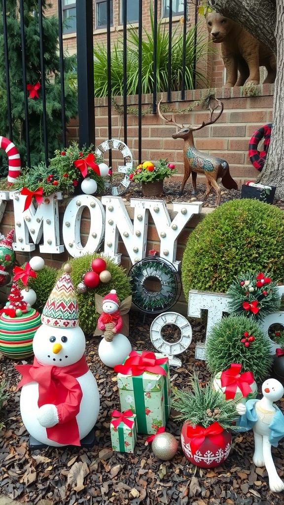 A festive outdoor display featuring a snowman, colorful ornaments, and gift boxes.