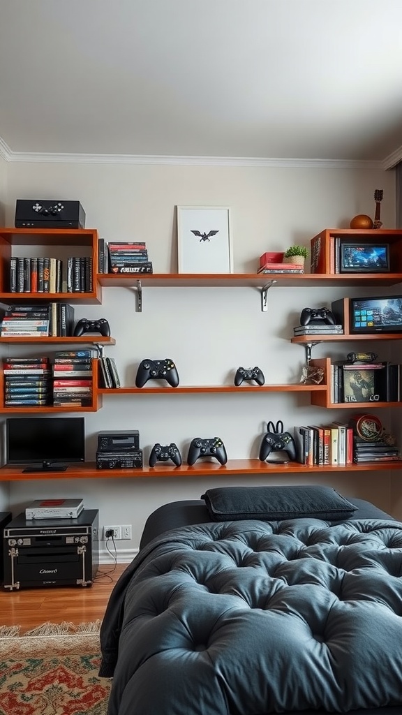 A stylish gaming bedroom featuring creative shelving with games, collectibles, and consoles.