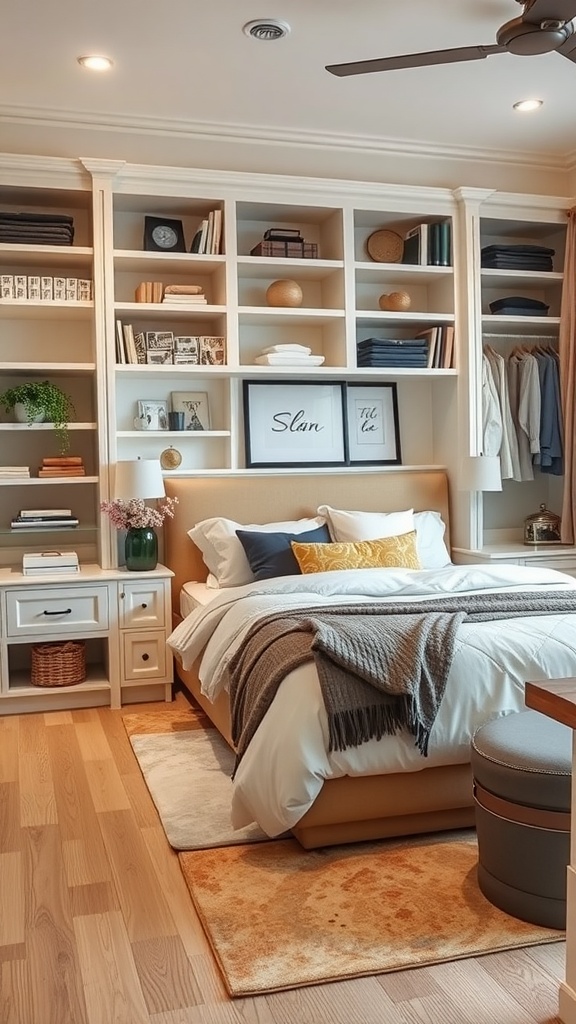 A well-organized master bedroom featuring a built-in shelving unit and stylish storage solutions.