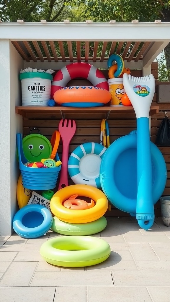 Colorful pool accessories stored neatly in a designated outdoor space.