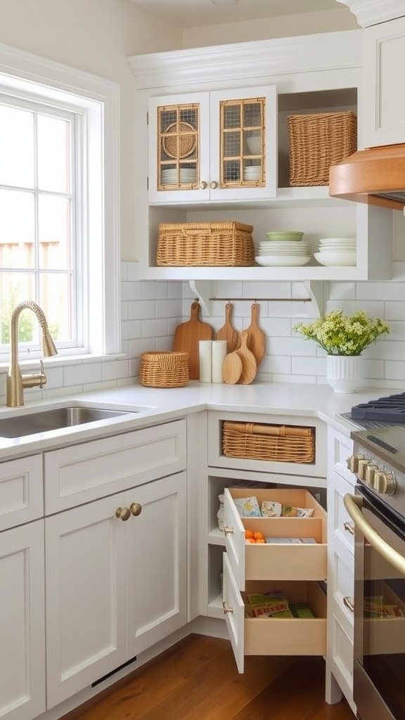 Coastal kitchen featuring creative storage solutions with white cabinets and wicker baskets