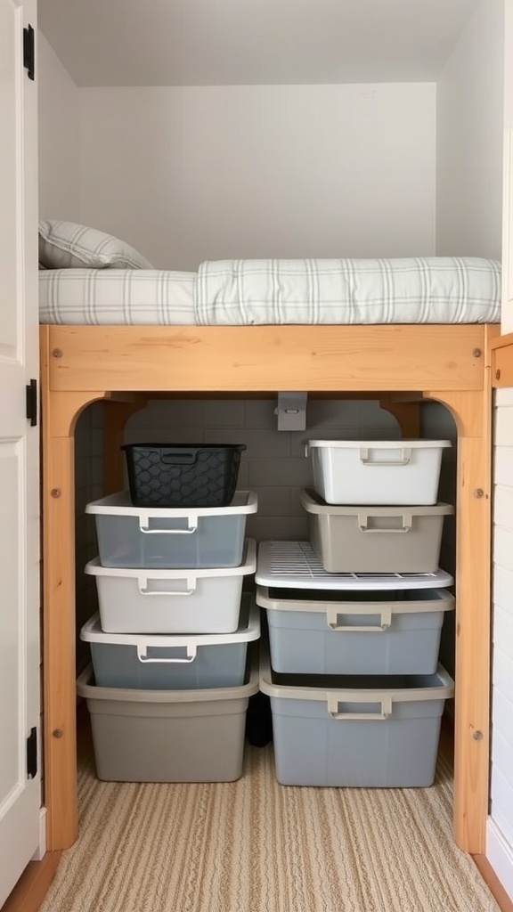 Under-bed storage solution with stacked containers and a raised bed.