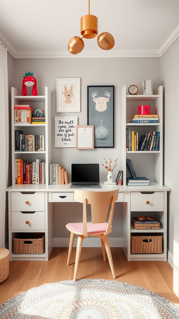 A bright and inviting study nook with a desk, bookshelves, and playful decor.