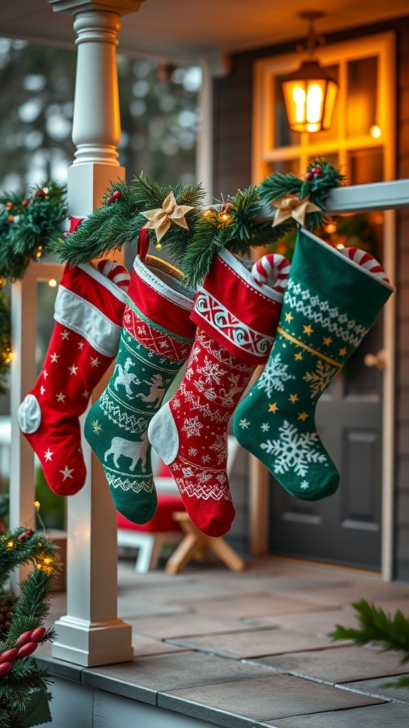 Christmas stockings hung on a porch railing, decorated with lights and greenery.