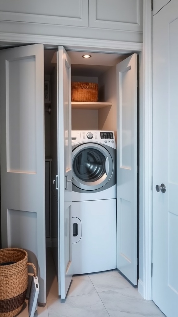 A small laundry room featuring folding doors, a washer and dryer, and a storage shelf with baskets.