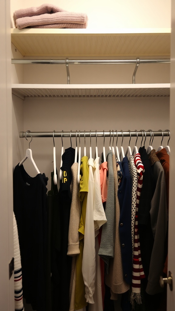 A small closet featuring a single hanging rod with various clothing items neatly organized, and a shelf above holding a folded towel.