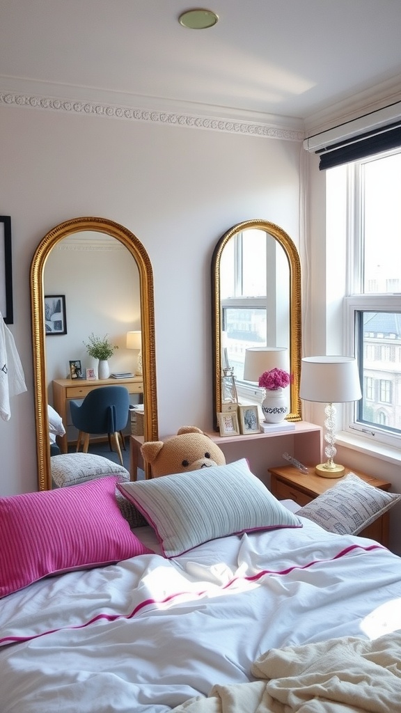 A cozy small bedroom featuring tall gold-framed mirrors reflecting light and creating an airy atmosphere.