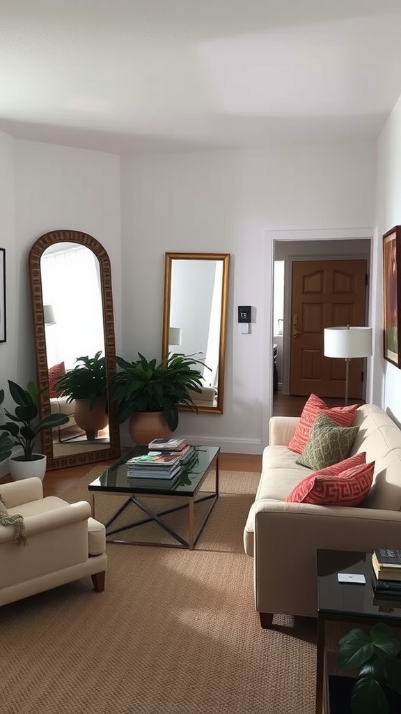 Small living room featuring two decorative mirrors, plants, and a cozy seating arrangement.