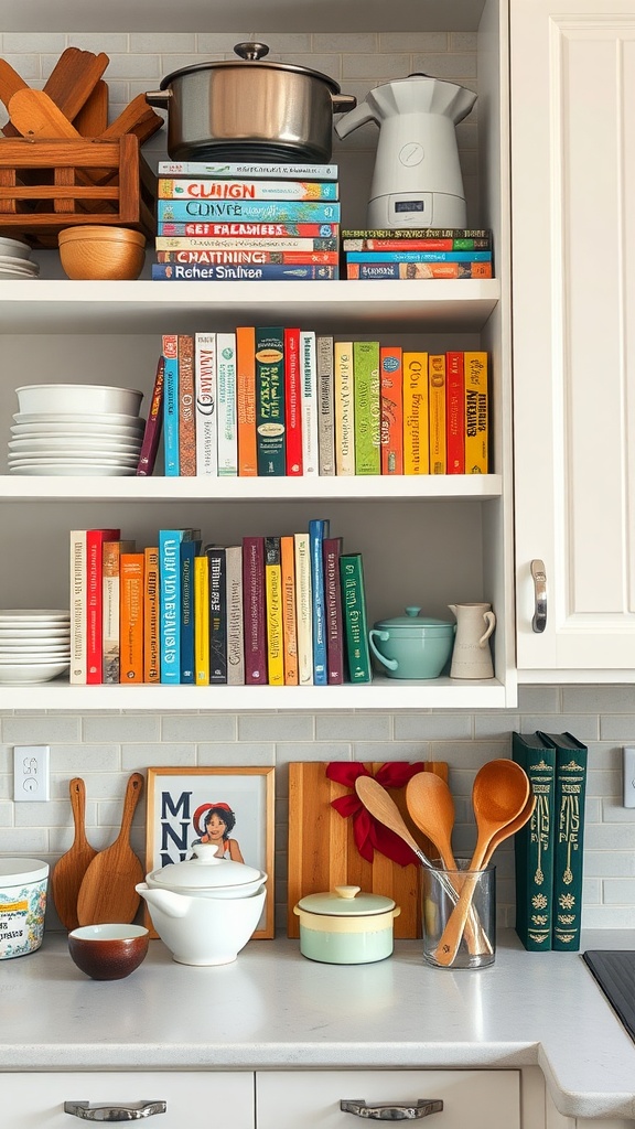 Open shelving in a kitchen displaying colorful cookbooks, kitchen tools, and dishware.