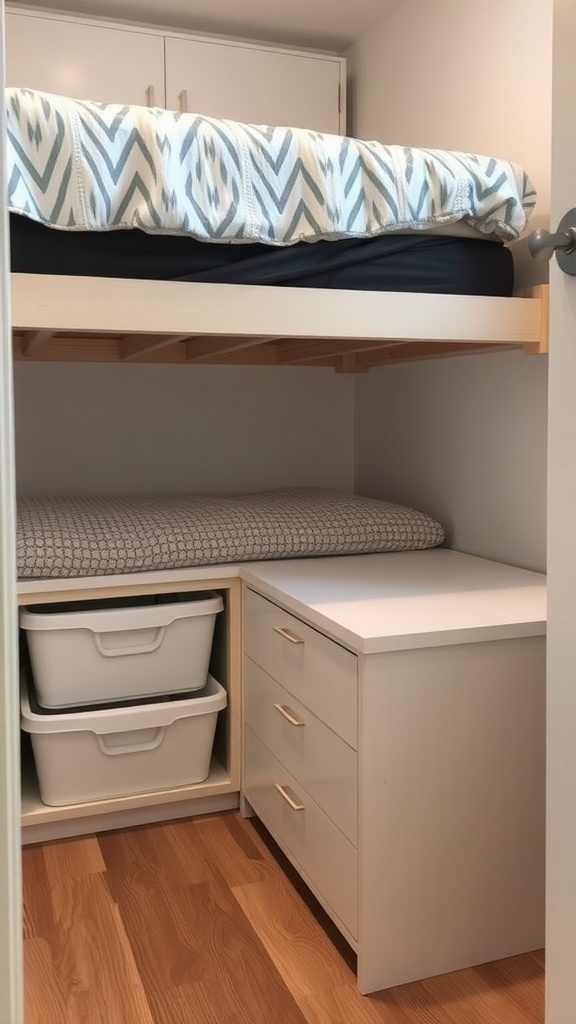 A small bedroom with a lofted bed and under-bed storage solutions.