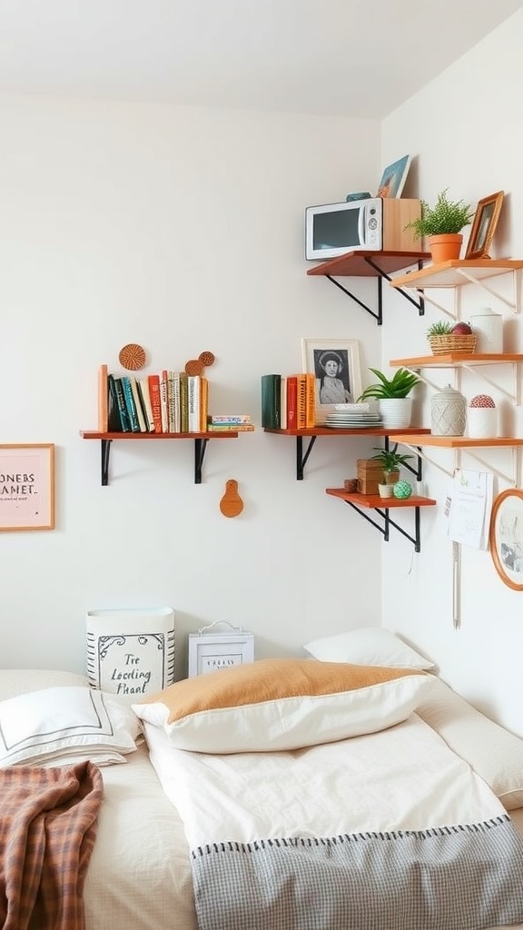 A small bedroom featuring vertical shelves with books, plants, and a microwave, showcasing creative use of space.