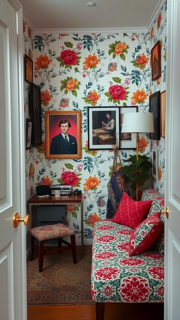 A cozy nook with bright floral wallpaper, featuring a small desk, a patterned couch, and wall art.