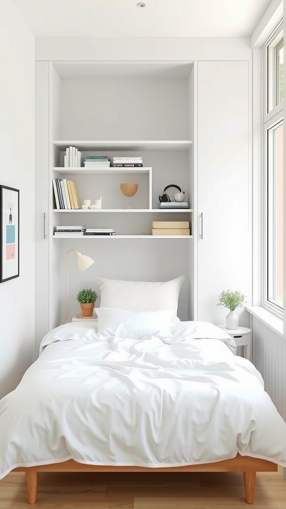 A small bedroom with a white bed, built-in shelves, and green plants, showcasing a clean and organized look.