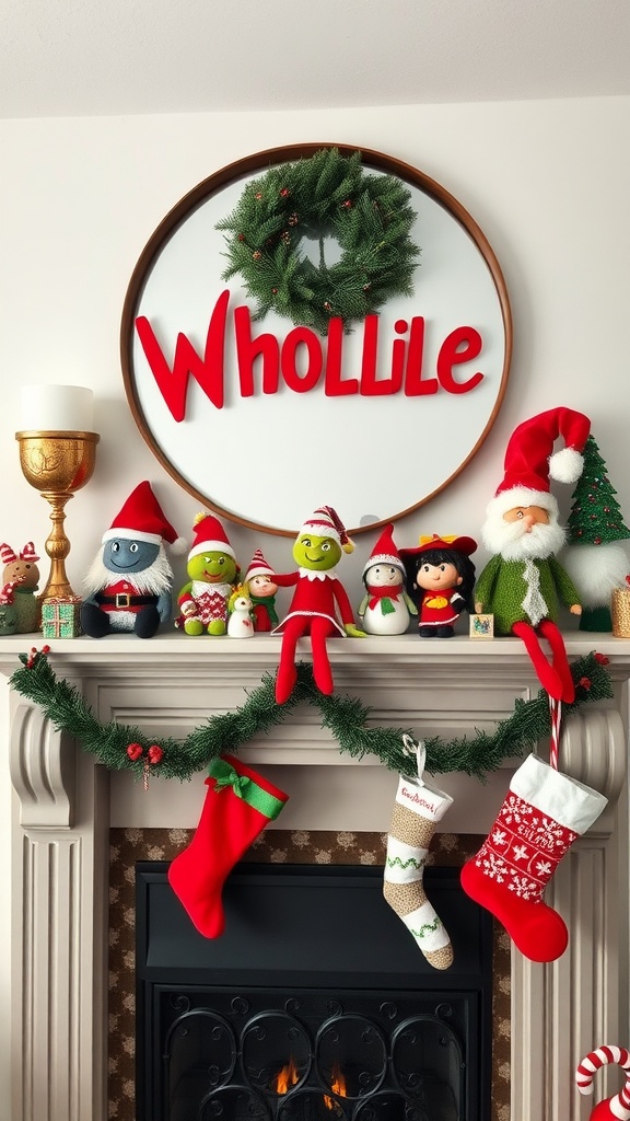 Whoville character decorations on a Christmas mantel with a wreath and stockings.