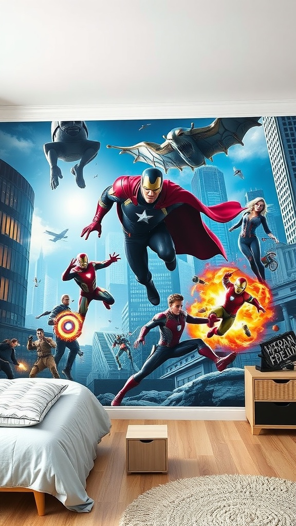 A vibrant wall mural featuring Marvel superheroes in action, set in a stylish bedroom.