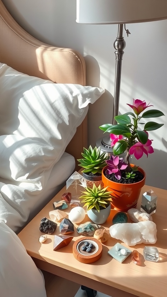 A cozy bedside table with plants and crystals for a boho witchy bedroom vibe.