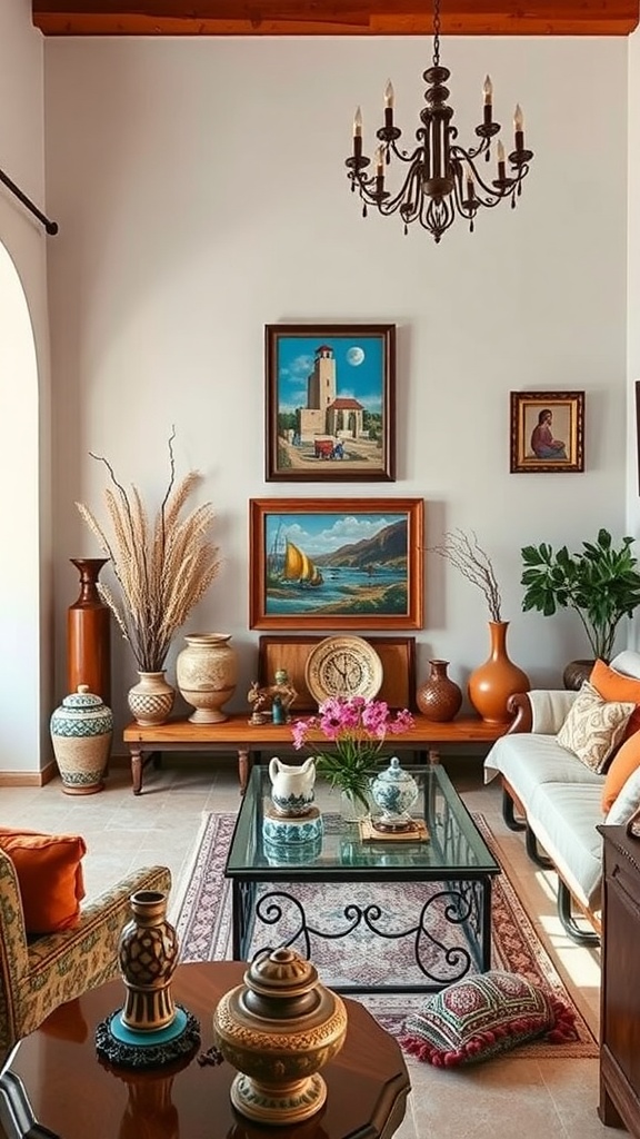 A Mediterranean living room featuring cultural art displays including paintings and decorative pottery.