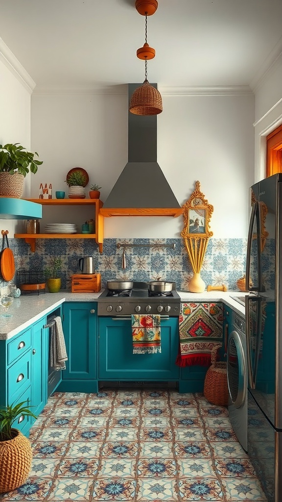 A colorful bohemian kitchen with turquoise cabinets, patterned tiles, and natural decor elements.