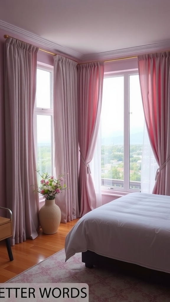 A bedroom with soft pink and grey curtains, featuring large windows and a cozy atmosphere.