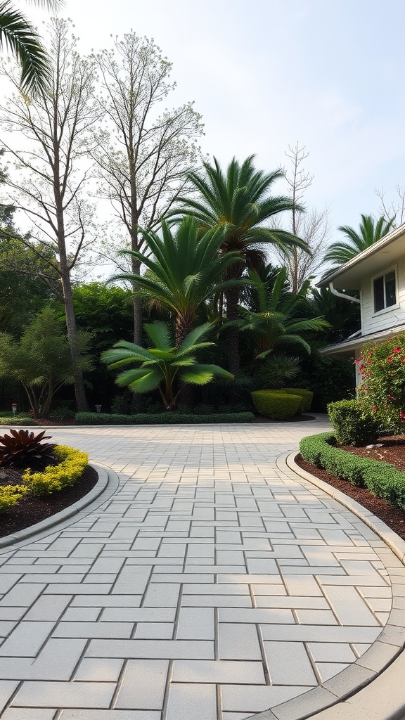 A curved cement driveway surrounded by lush greenery and flowers