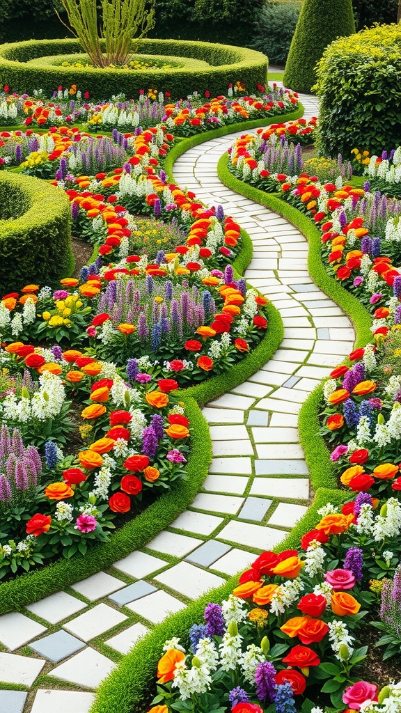 A beautifully landscaped garden featuring a winding pathway surrounded by colorful flower beds.