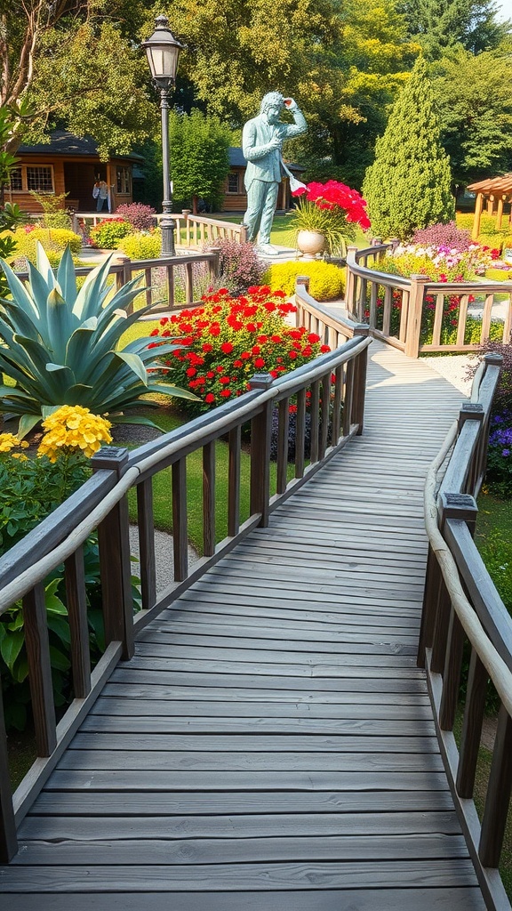 A curved wooden walkway surrounded by colorful flowers in a serene garden.