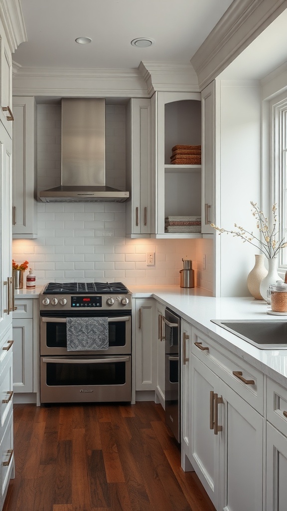 A modern kitchen featuring custom built-in cabinets, stainless steel appliances, and a sleek design.