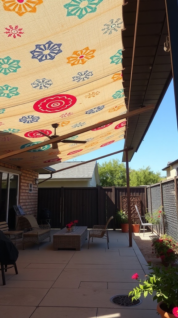 A patio with a colorful custom fabric roof, featuring floral designs, providing shade over a seating area