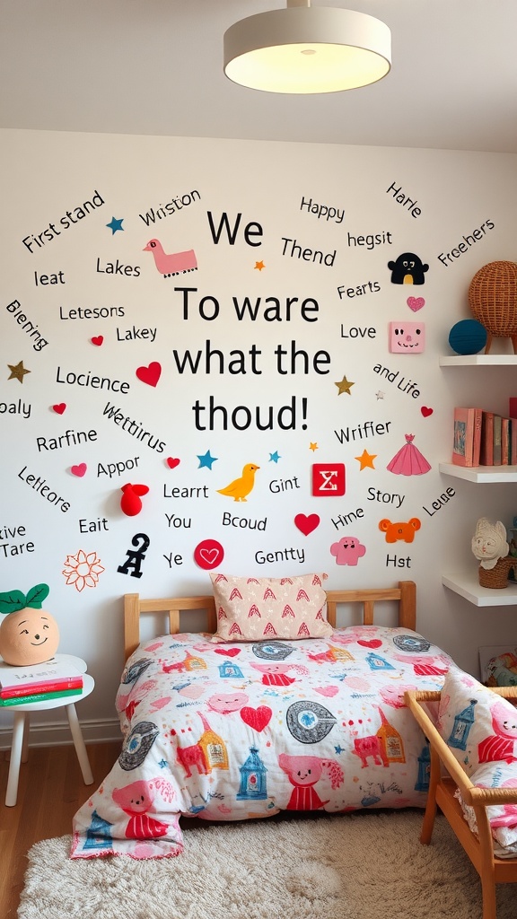 A playful bedroom wall decorated with colorful custom decals and stickers, featuring words and icons.