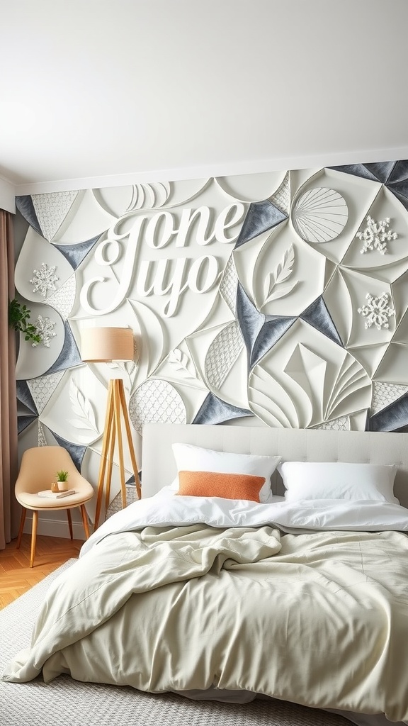 A stylish bedroom featuring customizable 3D wall panels with a unique design and a cozy ambiance.