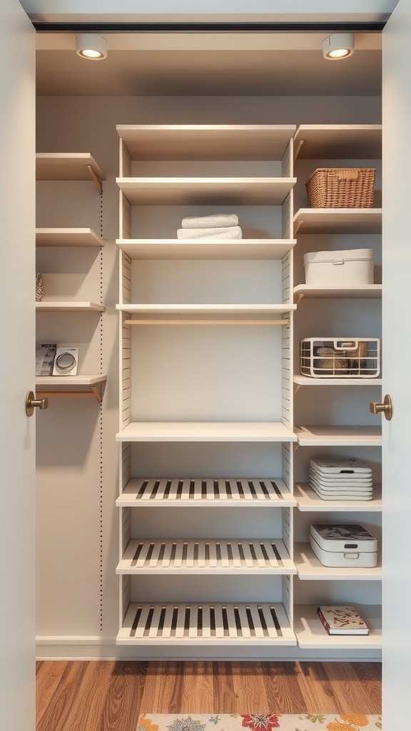 A customizable closet system featuring adjustable shelves, storage boxes, and an organized layout