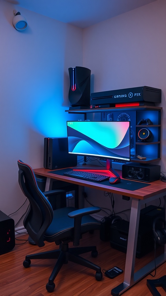 A gaming station featuring a monitor, ergonomic chair, and colorful lighting.