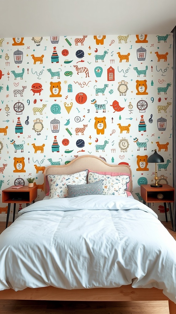 A bedroom with colorful peel-and-stick wallpaper featuring playful animals and designs.