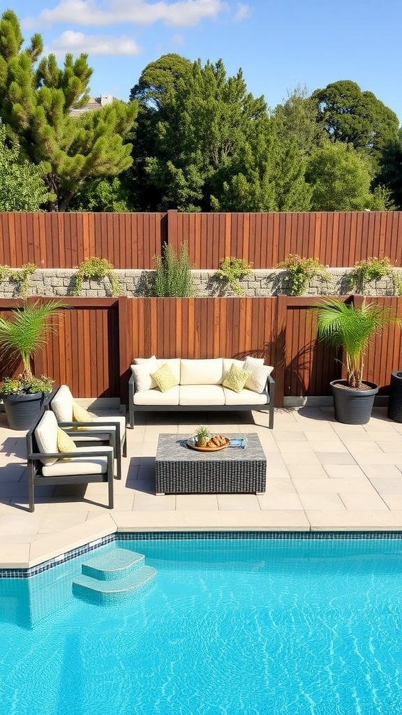 Outdoor pool area showcasing customizable deck furniture with a sofa, chairs, and coffee table