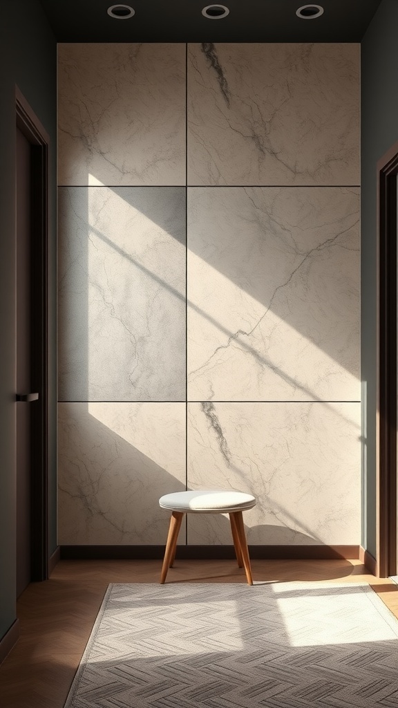 A modern room with customizable wall panels featuring a subtle marble design, illuminated by sunlight.