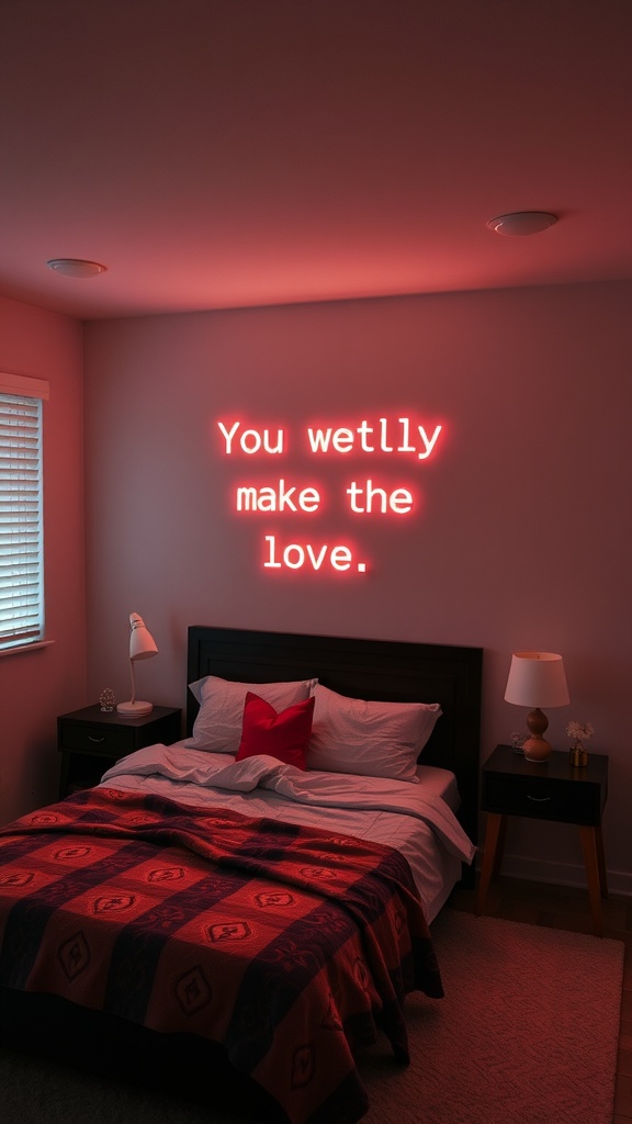 A bedroom with a red LED sign that says 'You wetlly make the love.'