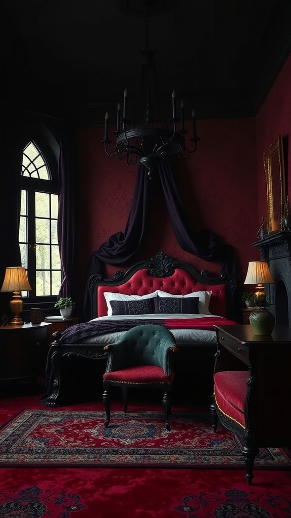 A gothic bedroom featuring deep red walls, dark furniture, and a dramatic chandelier.