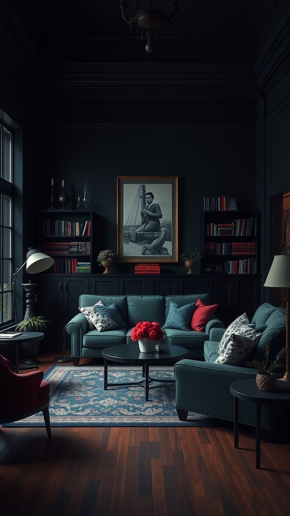 A dark academia living room featuring deep walls, teal furniture, and rich wooden floors.