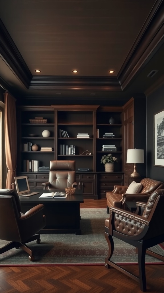 A dark wood and leather home office with comfortable seating and stylish decor.