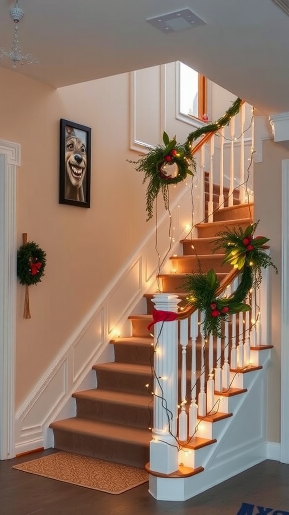 A staircase decorated with string lights and greenery for Christmas